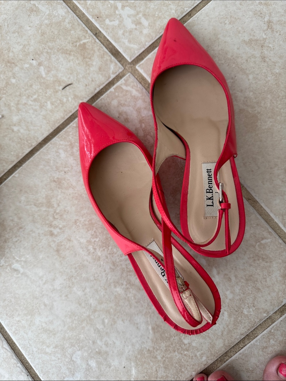 LK Bennett Coral-Red Patent Slingback Pointed Heels